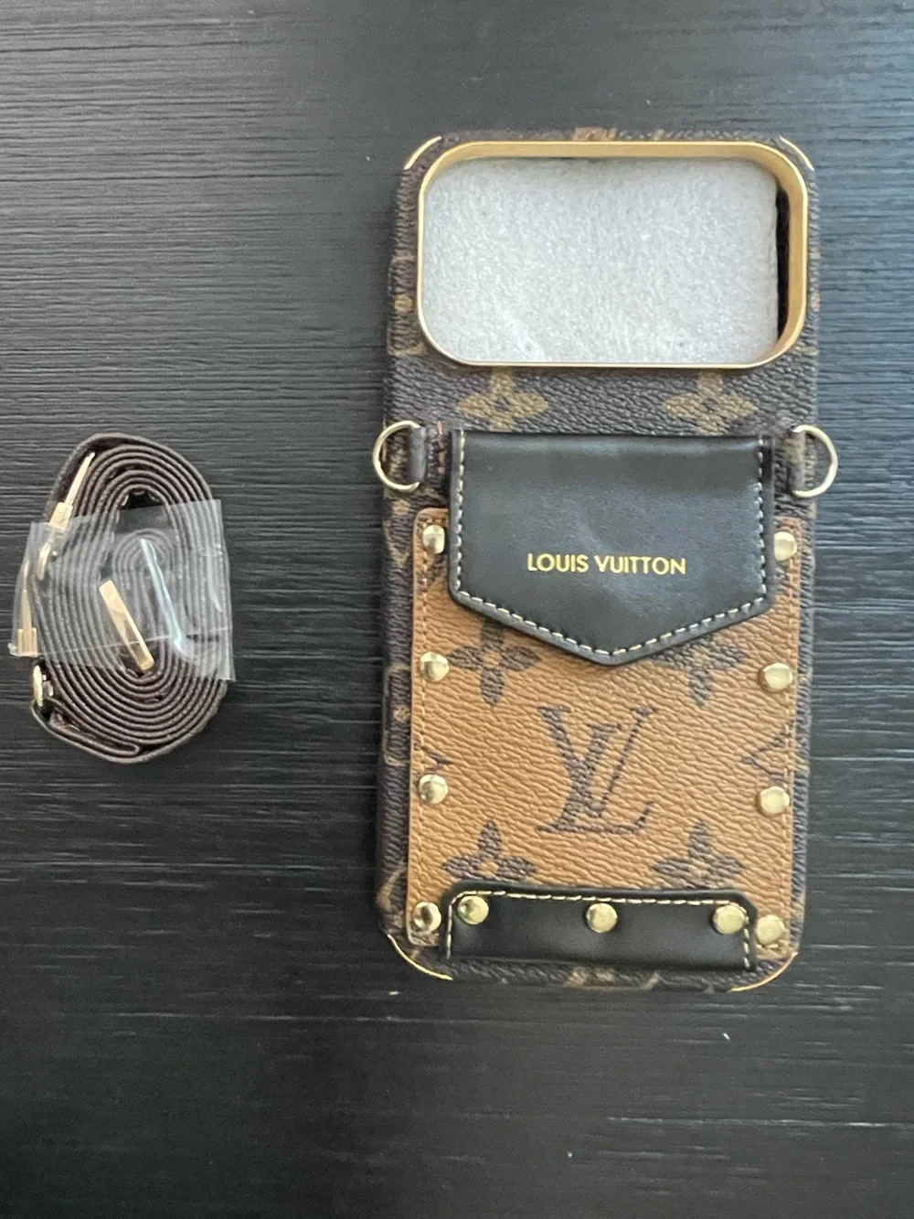 iPhone 17 pro max wallet crossbody Canvas Brown and Gold Studded Phone Case - Picture 10 of 11